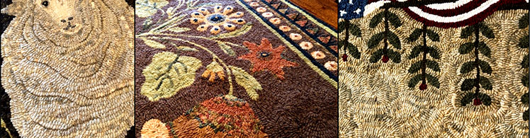 Hooked sheep and flowers, DeCoteau workshop