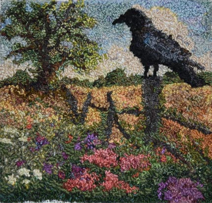 Crow-on-fence-landscape-mini-hooked-rug-Molly-Colgrove