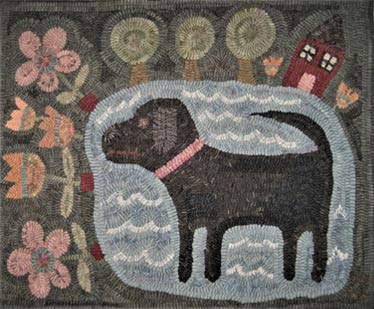 Big dog in pond hooked rug by Cammie Bruce