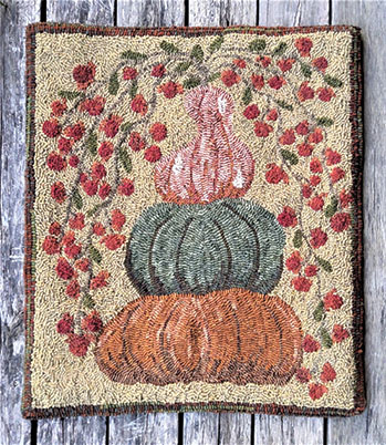 Pumpkins and Gourd rug hooked by Jenny Smallridge