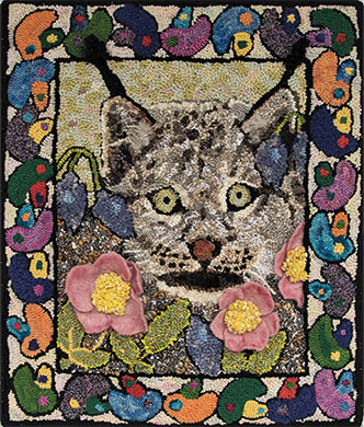 Cat in the Flowers rug hooked by Kate Lamal