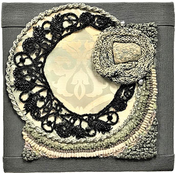 Rug hooking design over metallic jacquard by Tracy Jamar