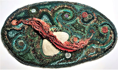 Abstract greens and red rug hooked by Tracy Jamar